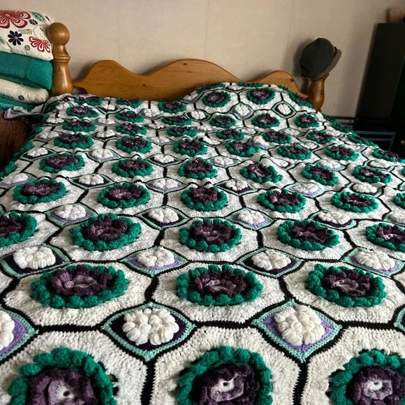 Handmade Crochet Blanket - Purple, Green, and White - Picture 2 of 6